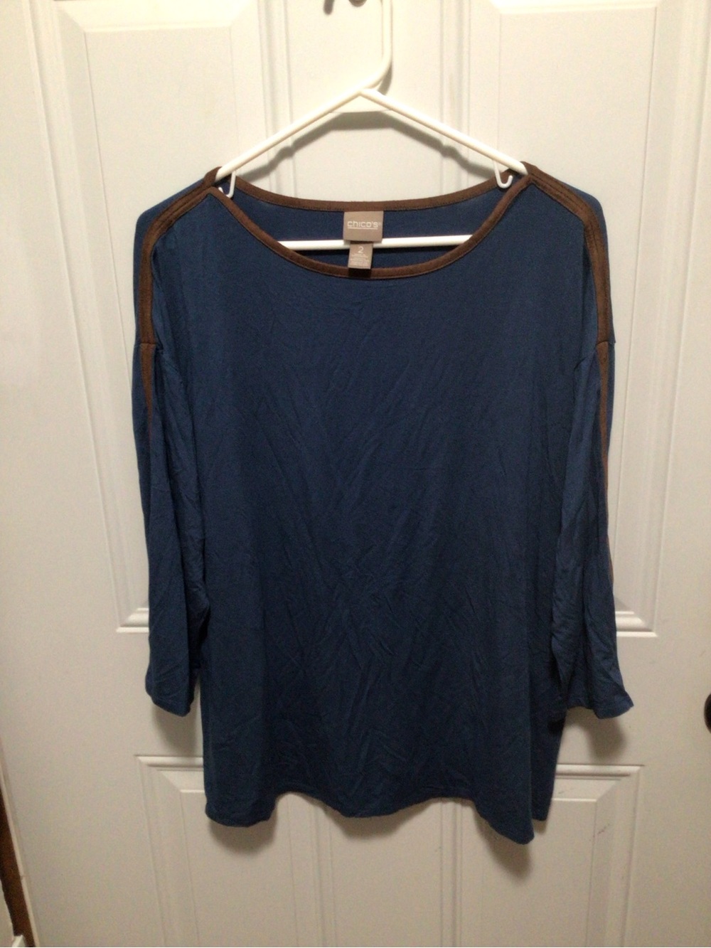 Chico's Blue Long Sleeve Top with Brown Trim